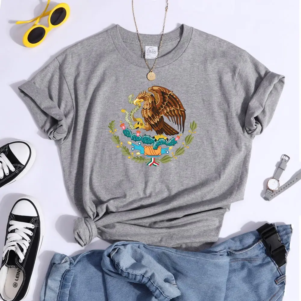 Mexico A Divine Eagle Holding A Snake In Its Beak Print Female Tshirt Breathable O-Neck Tees Casual Crop Top Streetwear Clothes