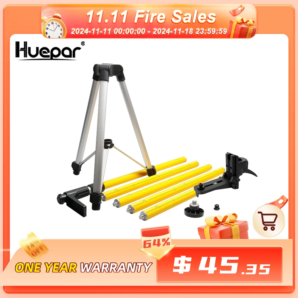 Huepar 12 Ft./3.7m Laser Tripod Telescoping Pole with 1/4-Inch by 20-Inch Laser Mount for Rotary Included Rod & 5/8\