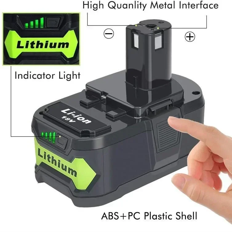 FOR Ryobi 18V cordless tool battery RB18L25 P107 P108 P109 P102 P103 6Ah Suitable for Ryobi 18V rechargeable lithium battery