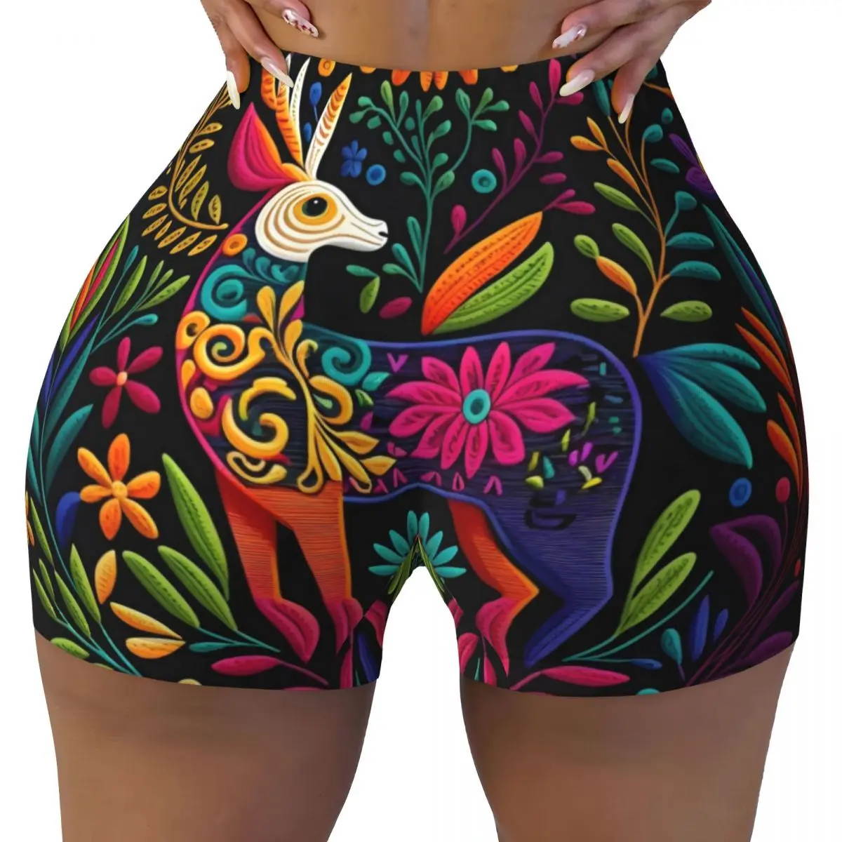 Custom Women Mexican Flowers Otomi Embroidery Art Pattern Workout Yoga Shorts Gym Athletic Volleyball Biker Shorts