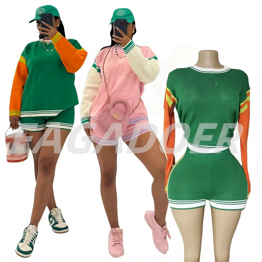 

FAGADOER Casual Knitting Woman 2 Piece Set Outfit Color Block Long Sleeves Top and Shorts Tracksuit Female Streetwear Clothing