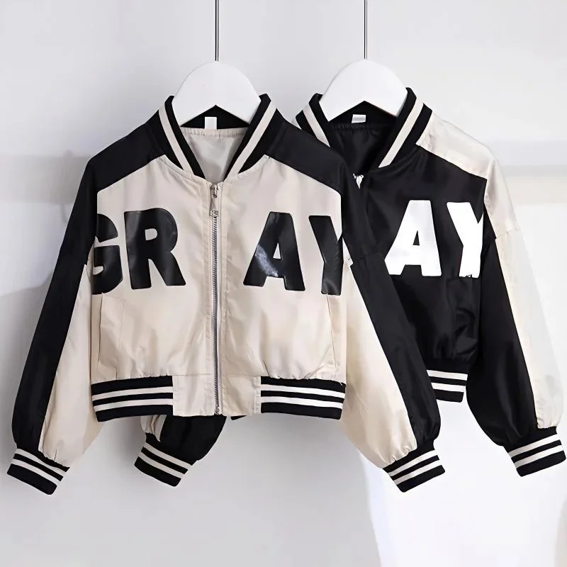 Autumn Casual Spring Girls Contrast Alphabet Zipper Crop Sweat Varsity Jackets School Kids Track Coats Child Outfit Tops 3-16Yrs