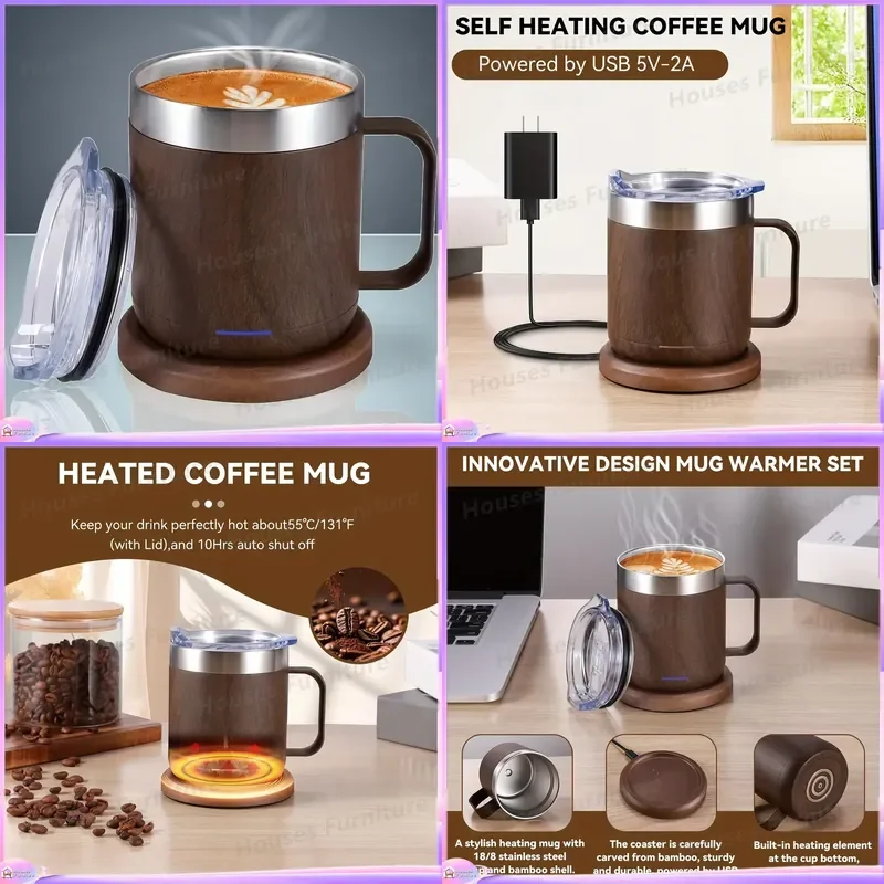 USB Heating Thermos Cup Self Heating Coffee Mug Portable Warmer Bottle 10H Auto Off Travel Office Drinkware Gift