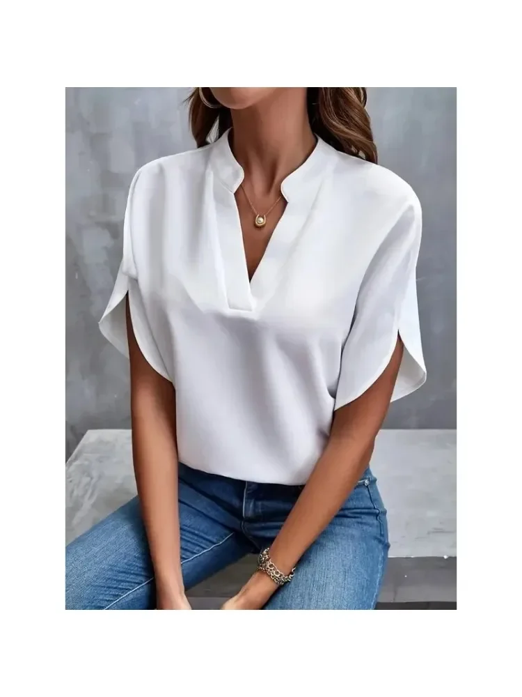 

Women's Simple Solid Color Fashion V-neck Short Sleeve Shirt Elegant Summer Commuting Shirt Loose Casual Holiday Shirt