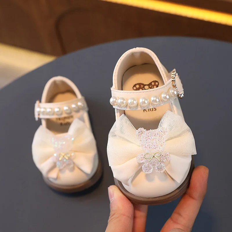 Congme 0-4Yrs Baby Girls Leather Shoes Newborn Toddler Kids Bow Pearl Flat Shoes Cute Crystal Bear Princess Shoes Dress Shoes