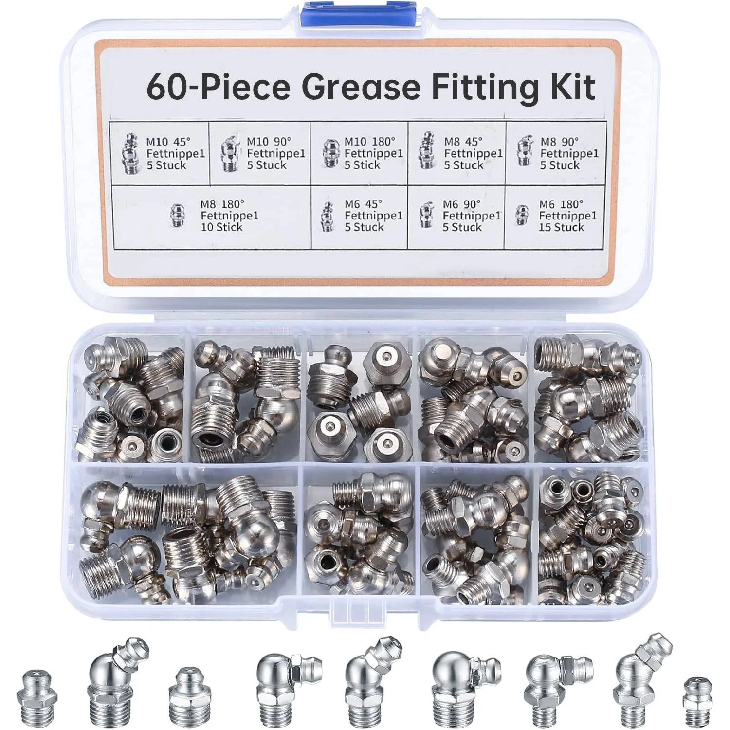 60 Metric Grease Fitting Kit, Right Angle and Angled Fitting Kit, Suitable for M6-M10. 45/90/180 Degree Hydraulic Grease Joint