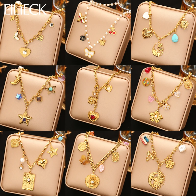 

EILIECK 316L Stainless Steel Flower Heart Star Butterfly Pendant Necklace For Women 18K PVD Plated Waterproof Fashion Jewelry