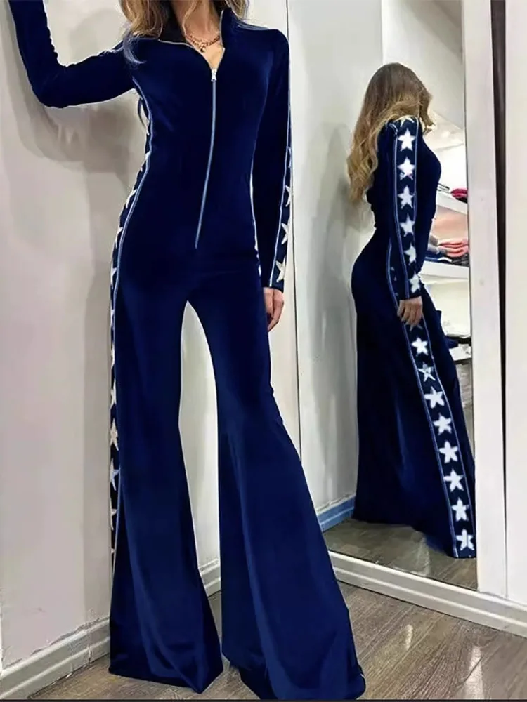 

Velvet patchwork star pattern 2025 Spring and Autumn jumpsuit long sleeved zipper lapel wide leg jumpsuit