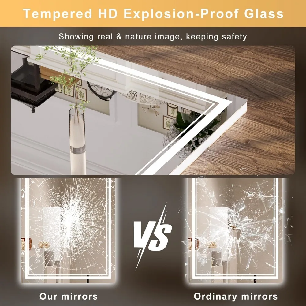 Rechteckiger, LED-beleuchteter Badezimmerspiegel mit rahmenlosem Design und zwei Beleuchtung für Antibeschlag-Funktionalität