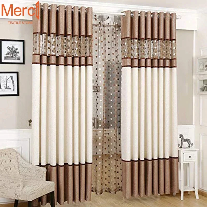 French Brown Chenille Stitching Bird\'s nest Chinese Curtains for Living Dining room Bedroom Polka Dot Hollow Tulle Customization