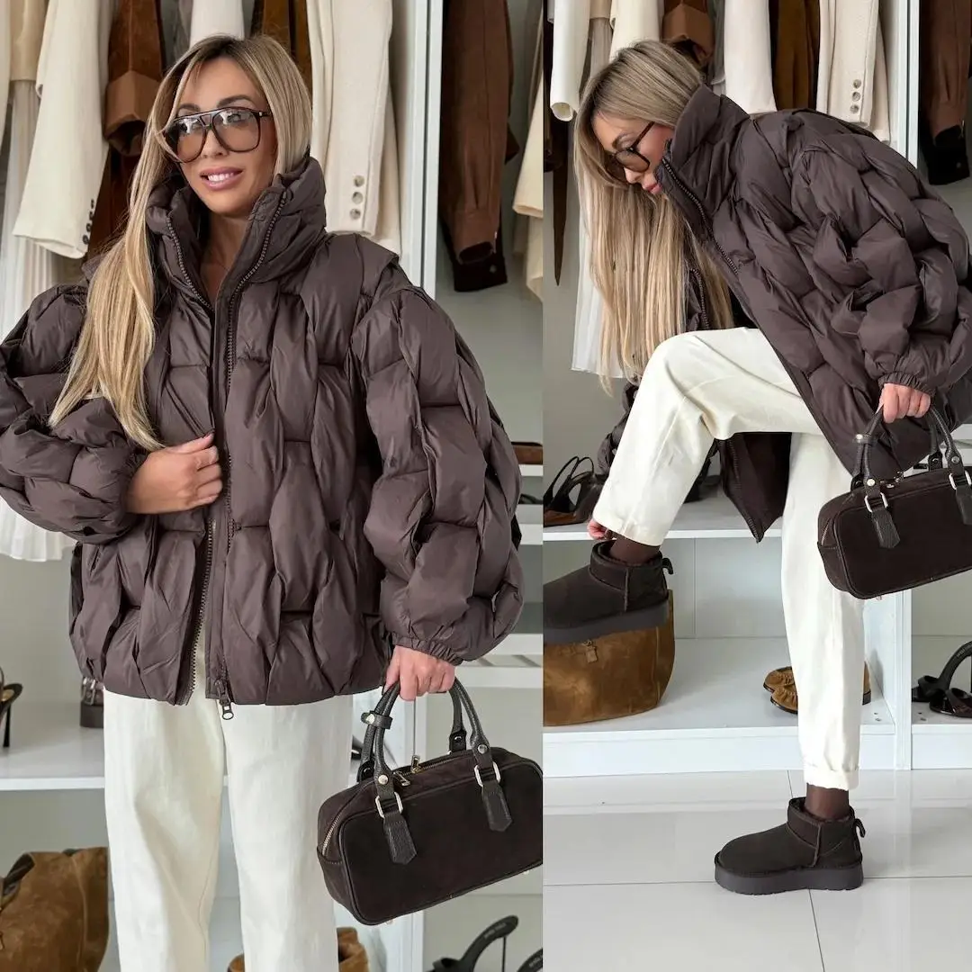 

Stand Collar Zipper Argyle Padded Jacket Women Elegant Lantern Long Sleeve Loose Fitting Pocket Bomber Coats Chic Lady Outerwear