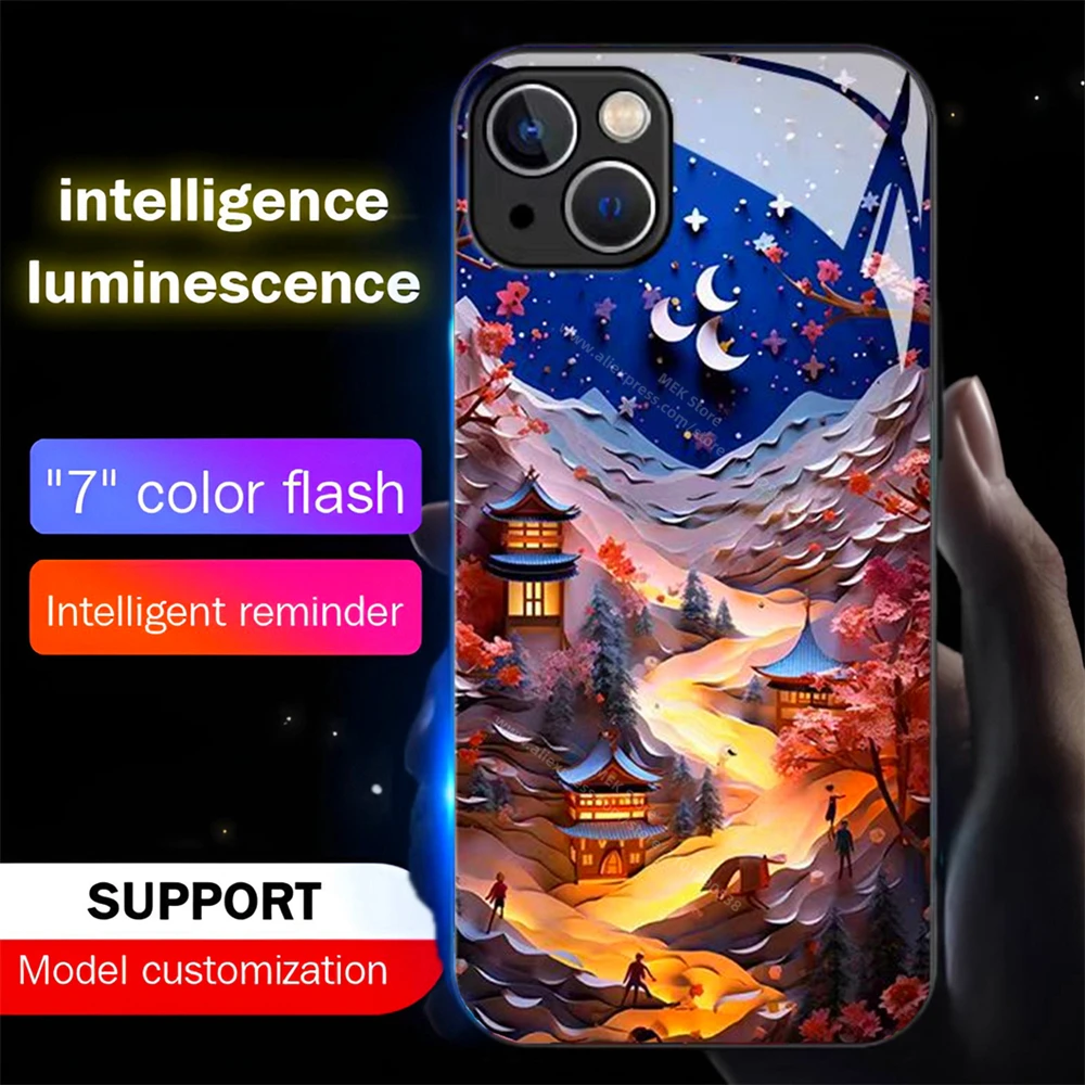 Japanese Countryside Luminous Glass LED Call Light Up Flash Phone Case Cover For iPhone 16 15 14 13 12 11 Pro Max X XS XR Plus