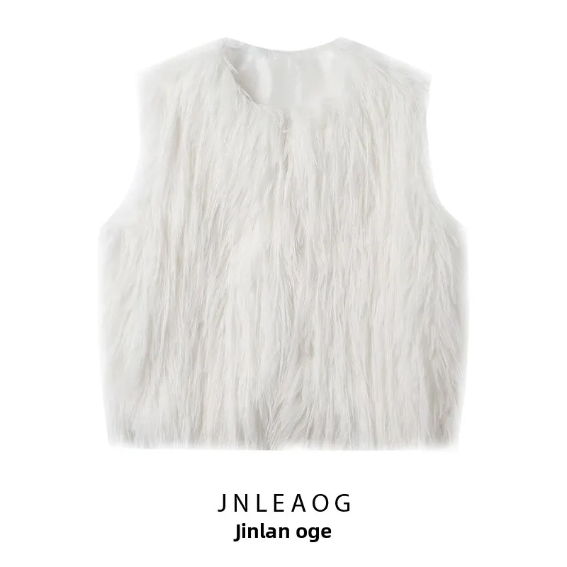 

Faionable жилет с эффектом искусственного меха JNLEAOG, женский осенний новый круглый пуловер из полиэфирного волокна для поездок на работу