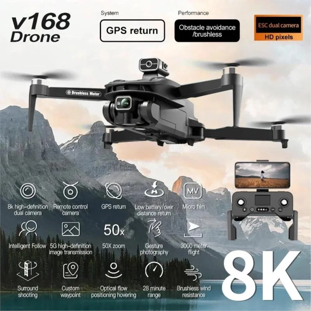 

New V168 Drone Professinal Three Camera 8K Wide Angle Optical GPS Localization Four-way Obstacle Avoidance Quadcopter вертолет