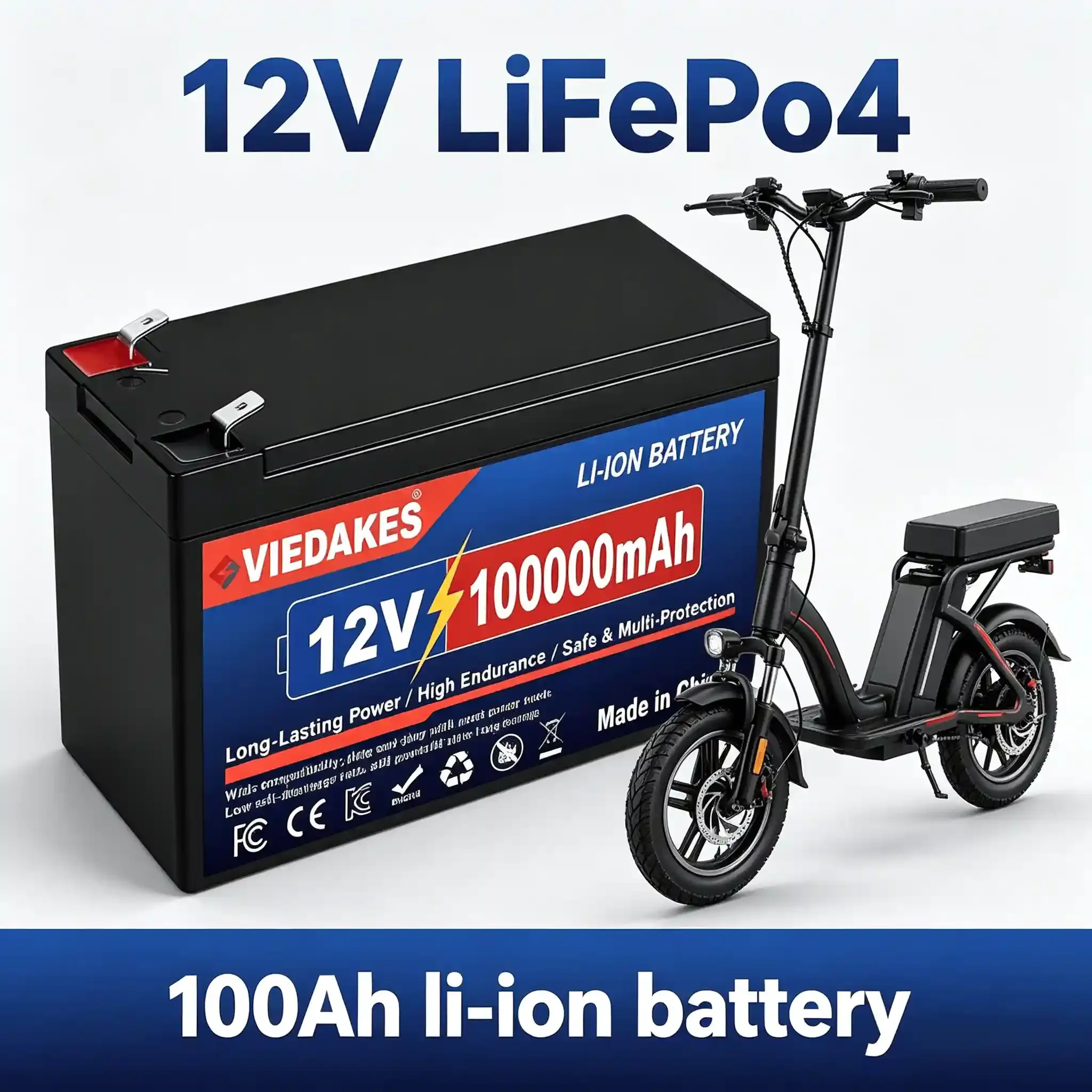 

Аккумулятор VIEDAKES 12V 100Ah LiFePo4, литий-ионный аккумулятор 12V для электросамокатов, балансировочных самокатов, 12v аккумулятор, аккумулятор для самоката 12V