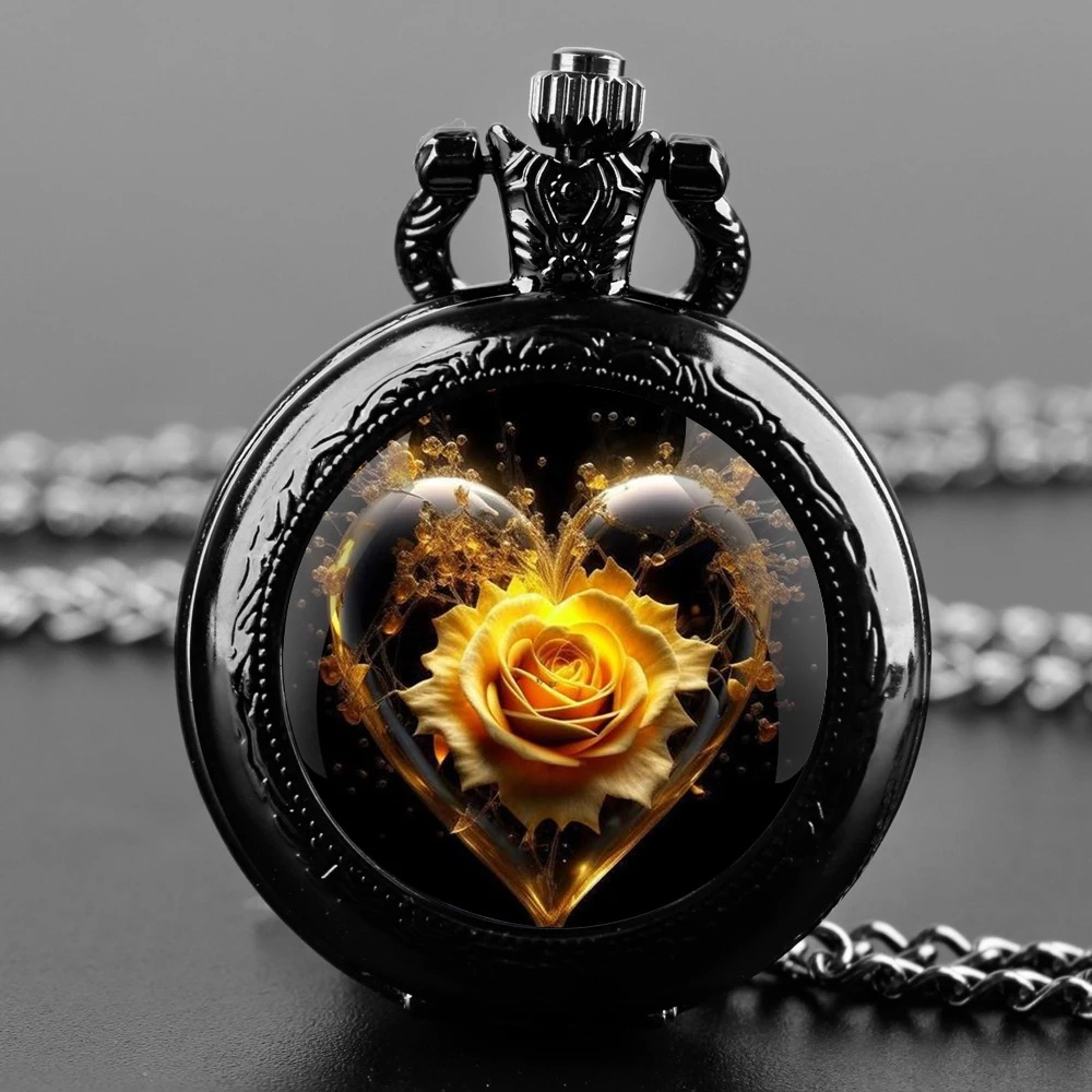 Exquisite Gift Rose Lotus Flower Design Glass Dome Quartz Pocket Watch Necklace Men Women Unique Jewelry Pendant Birthday Gift