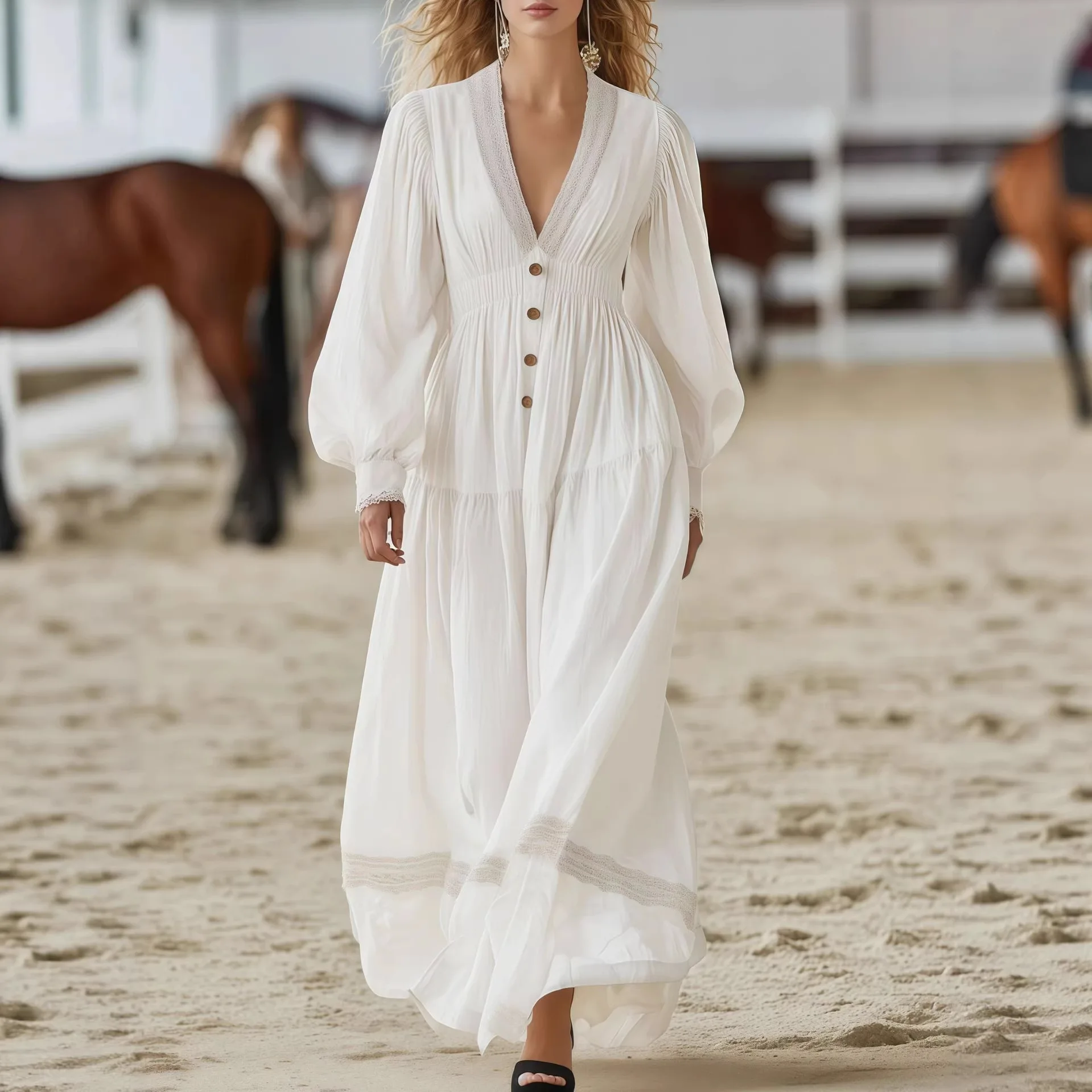 

Элегантное женское летнее пляжное длинное платье с глубоким V-образным вырезом и завышенной талией, белое, с рукавами-фонариками, в стиле бохо, макси-платье для ранней весны