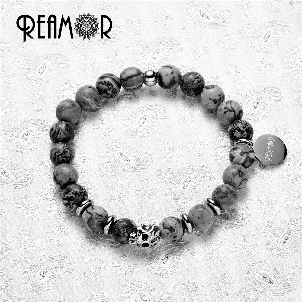 REAMOR Brand Natural Gray Map Stone Bracelet Stainless Steel Skull Beads Bracelet with Logo Tags Elastic Strand Men Bracelets