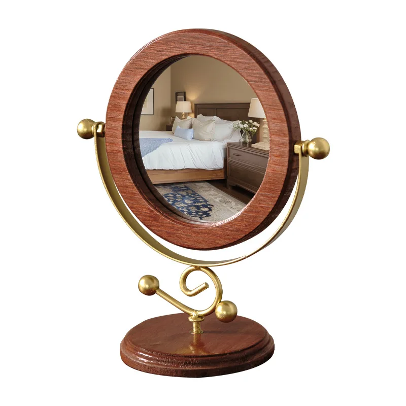مرآة مكياج عالية الوضوح 360 ° مرآة دوارة لسطح المكتب، مرآة تزيين خشبية قديمة، مرآة تجميل لغرفة النوم قائمة بذاتها