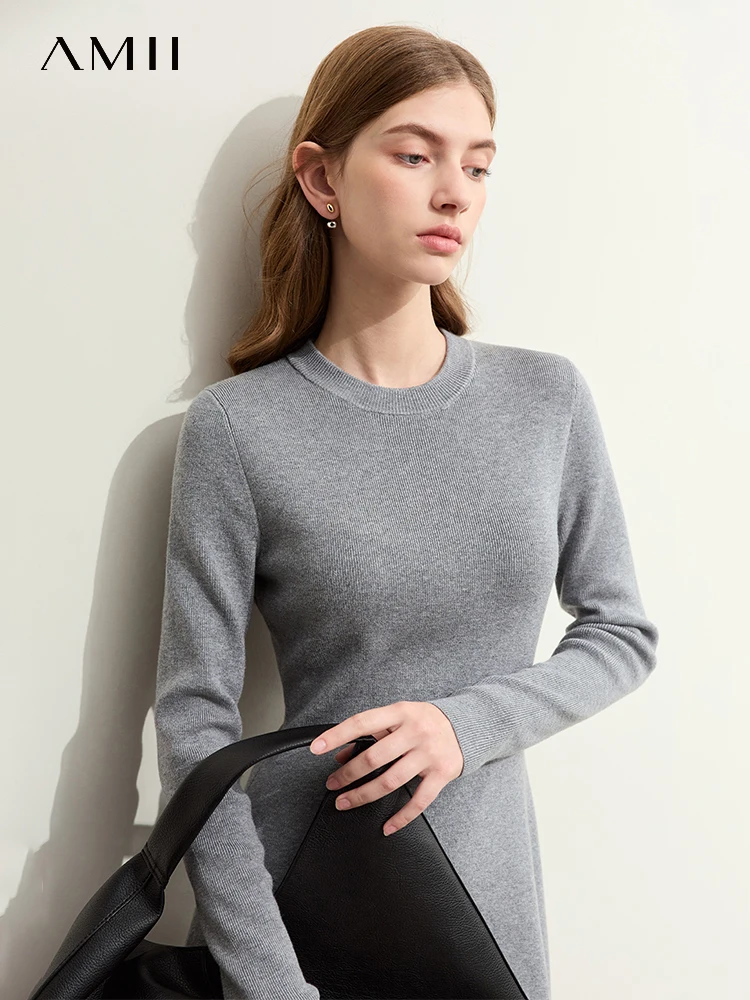 

AMII Minimalist 2023 Winter Knitted Slim Dress For Women New Commuter Trendy Crewneck Female Maillard Solid Vestidos 12354046