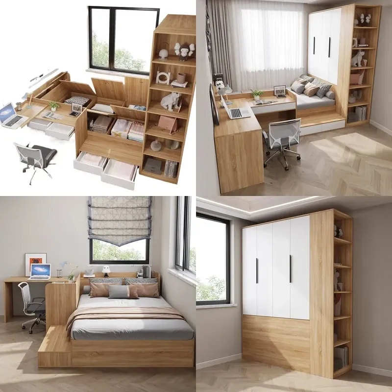 Compact Tatami Platform Bed with Desk and Wardrobe Storage High Box Frame Multifunctional Single Sleeper for Small Rooms