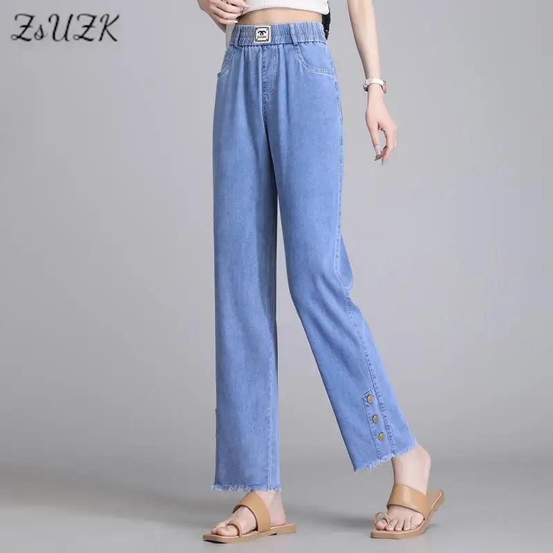 ZUZK Women Fashion Raw Edge Wide Leg Jeans Summer Loose Droop Suitable Elastic Waist Denim Pants Korean Style Casual Pants