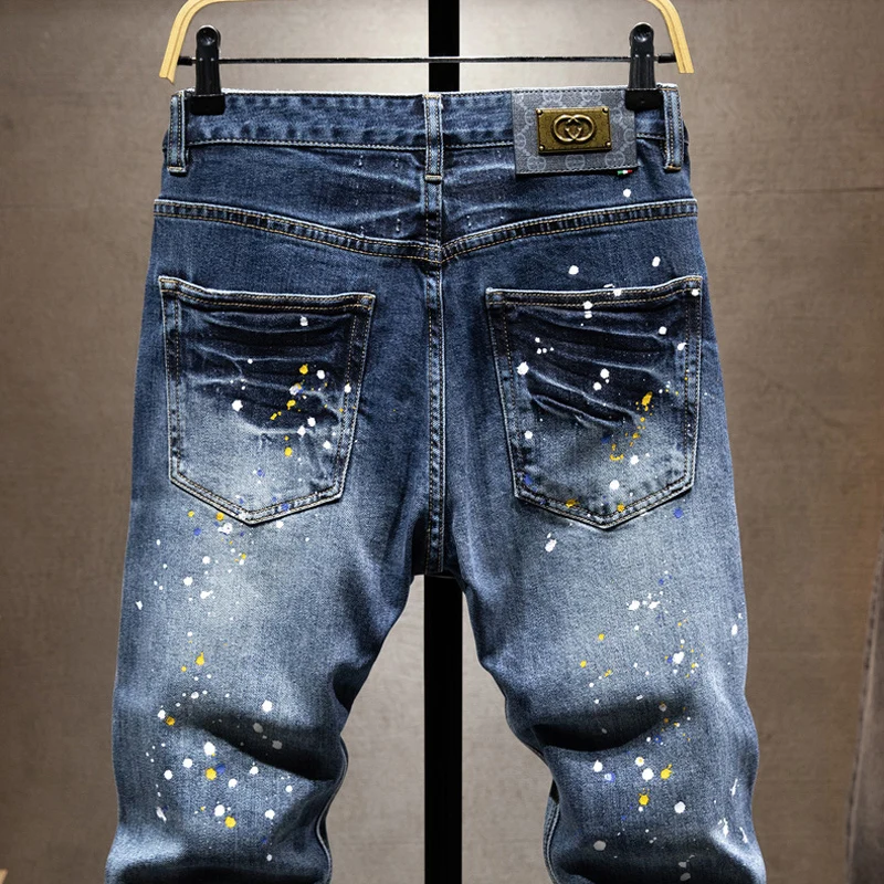 Street Designer Fashion Men Jeans Retro Blue Stretch Slim Fit Painted Ripped Jeans Men Patched Vintage Casual Denim Pants Hombre