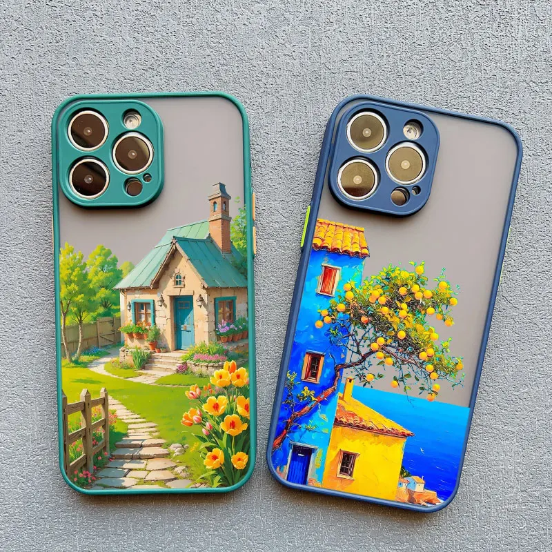 Coque de téléphone paysage de scène de maison de Villa de vacances pour iPhone 16 12 13 14 11 15 Pro Max Mini Plus XR XS X 7 8 étui de paysage de dessin animé