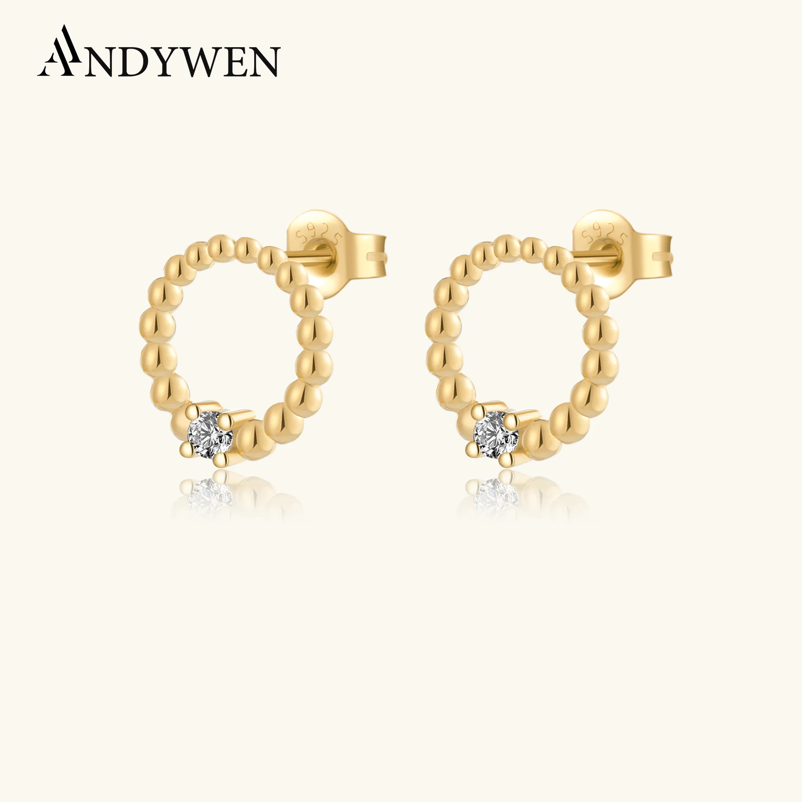 ANDYWEN 925 Sterling Silver Gold  Circle Beads Stud Earring Clips Piercing Pendientes Luxury Fine Jewelry Gift