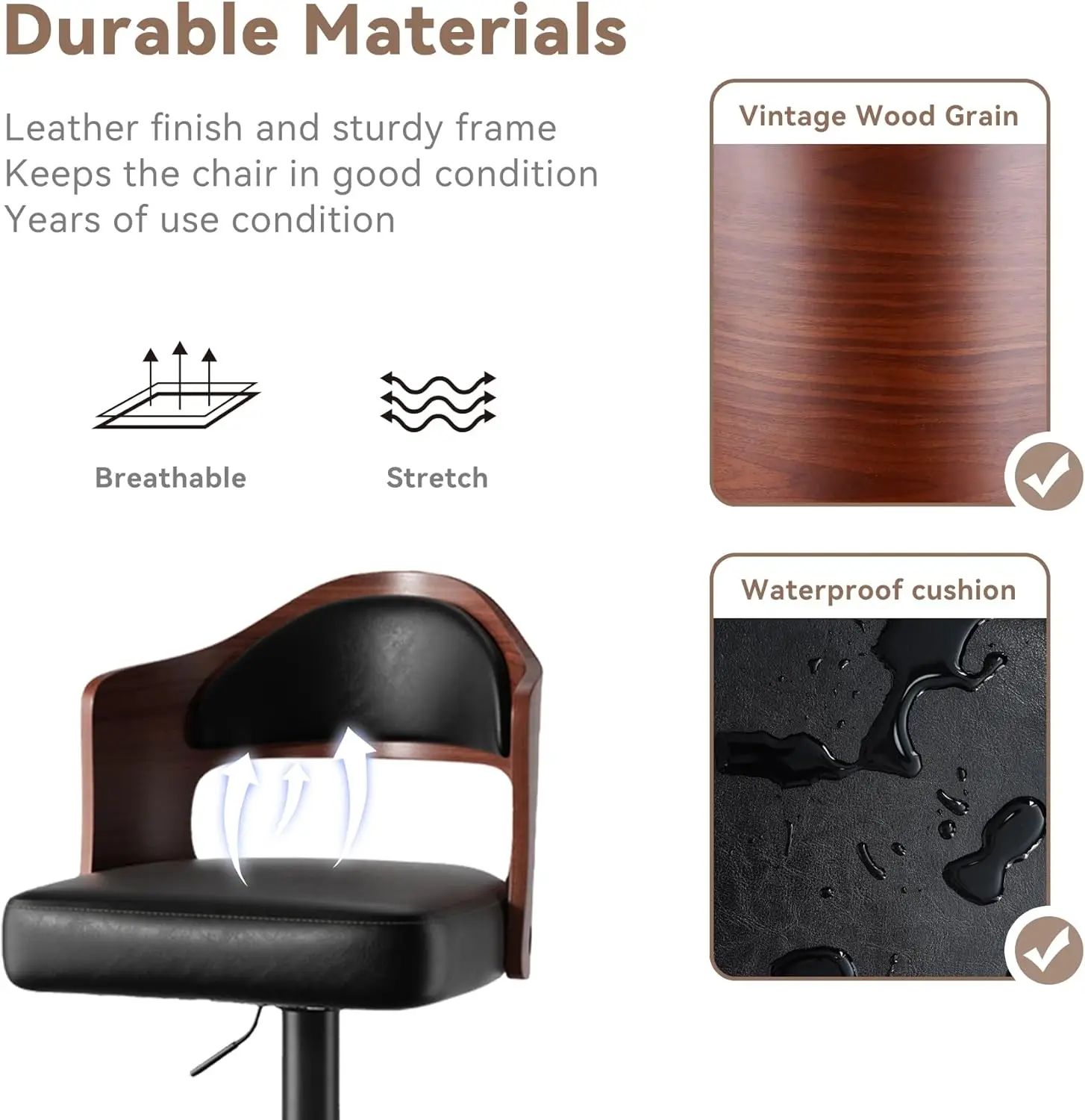 Swivel Bar Stools Set Of 1 Seat Adjustable Height 24.5-33.5In, Wooden Barstools Pu Leather Upholstered Bar Chairs With Back &