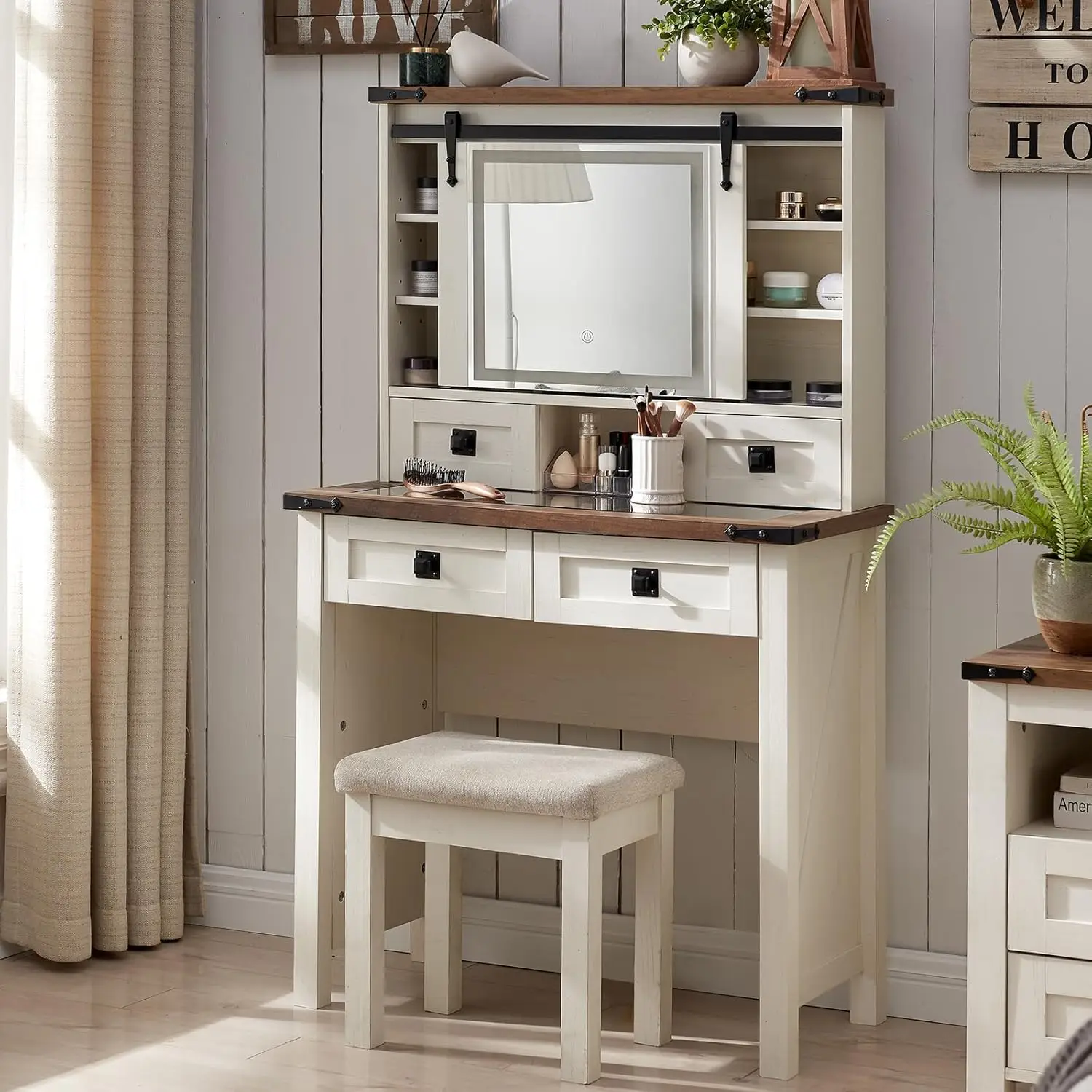 

Glass Tabletop White Vanity Table with 2 Drawers & Shelves, Rustic Vanity Set for Bedroom, Stool Included, Antique White