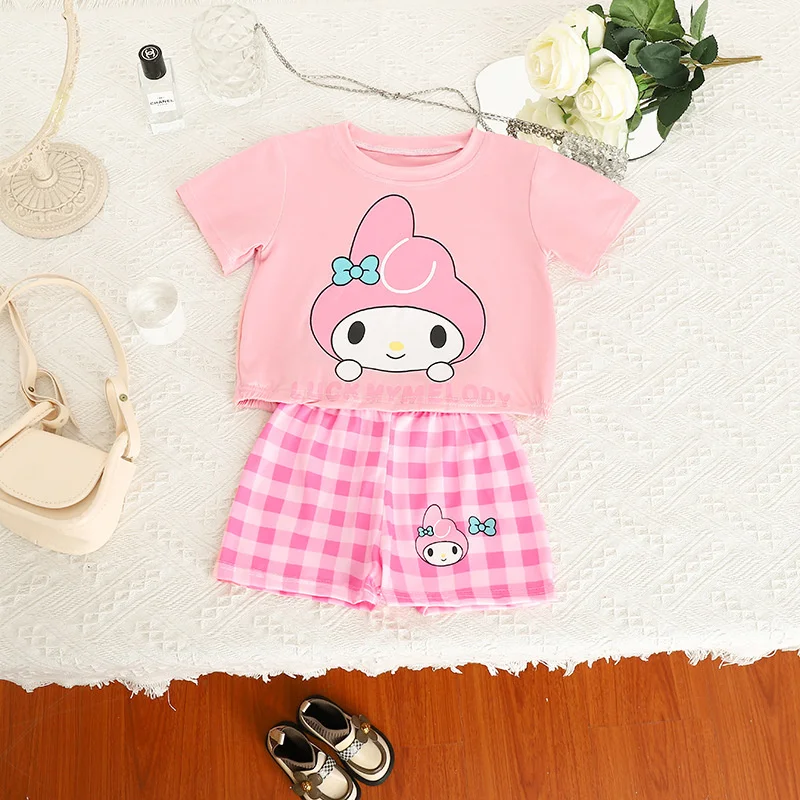 Kawaii Sanrio Summer Kids Suit Kuromi Cinnamoroll Hello Kitty My Melody Pajamas Girl Pants Clothes Set Children Nightgown Anime