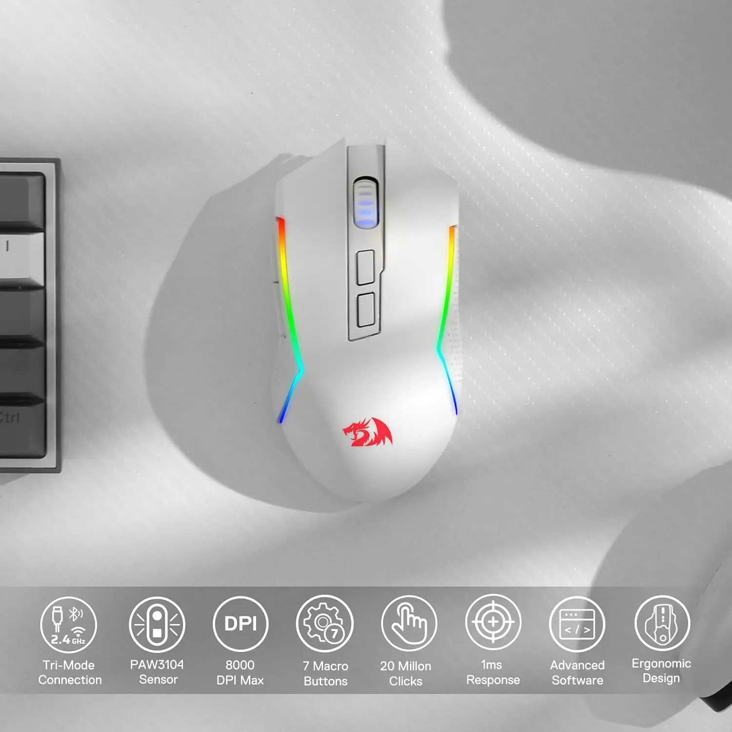 Redragon M693 Wireless/Wired BT & 2.4G Bluetooth Gaming 8000 DPI Mouse 3-Mode Connection RGB Backlight for PC/Mac/Laptop, White