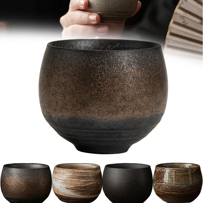 

Japanese Style Rough Pottery Tea Cup Handmade Stoneware Small Ceramic Single Cup for Kung Fu Tea Ancient Quiet Road Design Gift