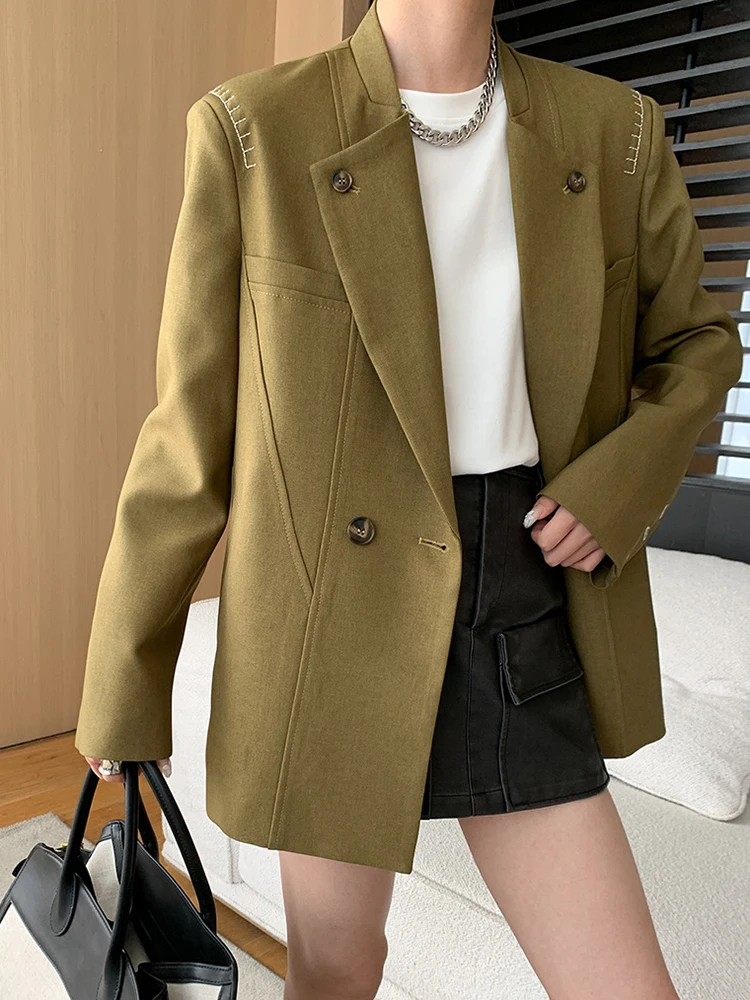 BZVW Korean Office Lady Blazer Women\'s Notched Double Breasted Solid Color Coats Versatile 2024 Autumn New Clothing 25A8859