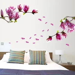 Decalque de parede de flor mulan roxo para quarto, sala de estar, sofá, plano de fundo de tv, decoração de parede, desenho de papel
