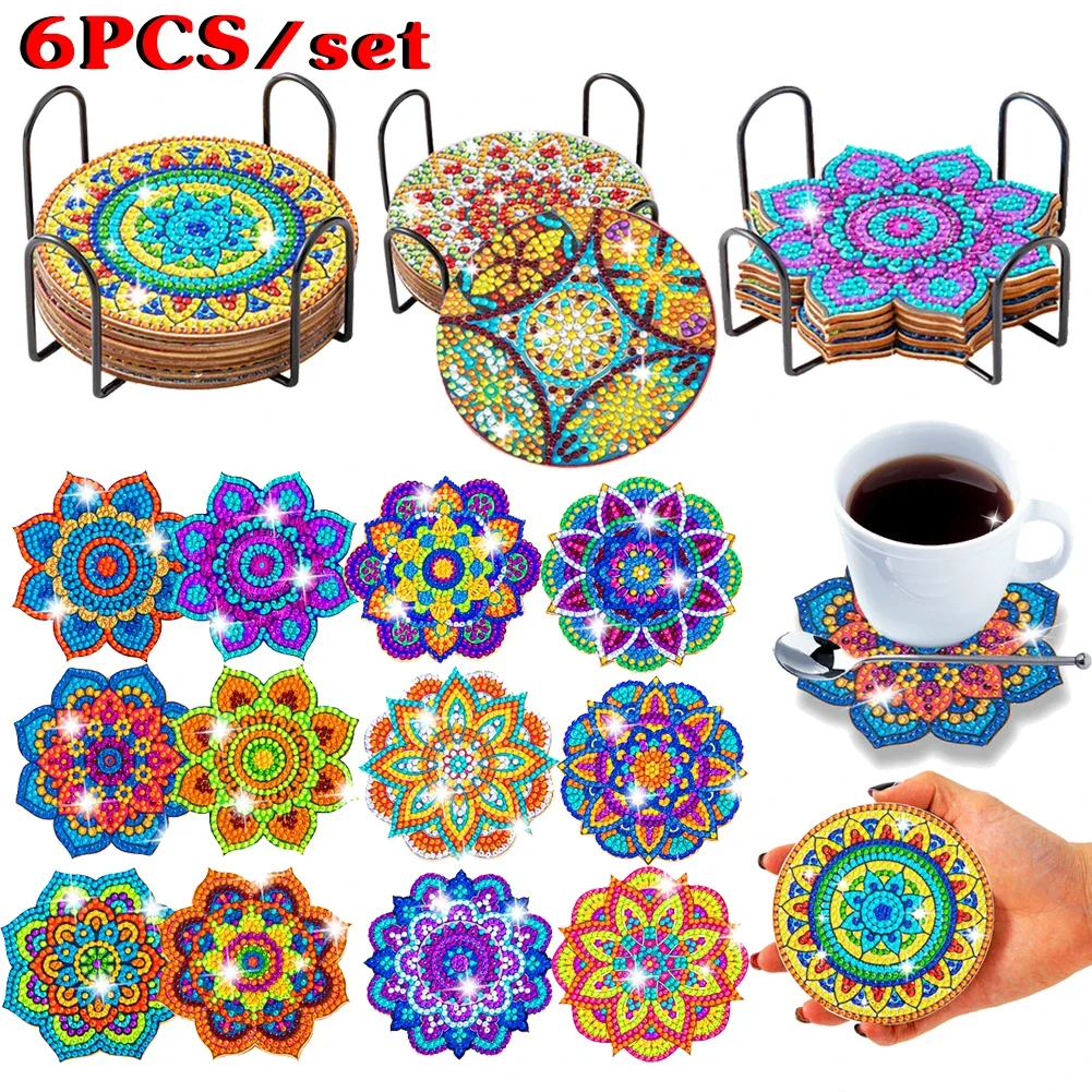 6PCS DIY Mandala Diamond Painting Coaster Special-Shaped Drill Point Drill Coaster Cup Cushion with Rack Home Decor Kitchen Kit