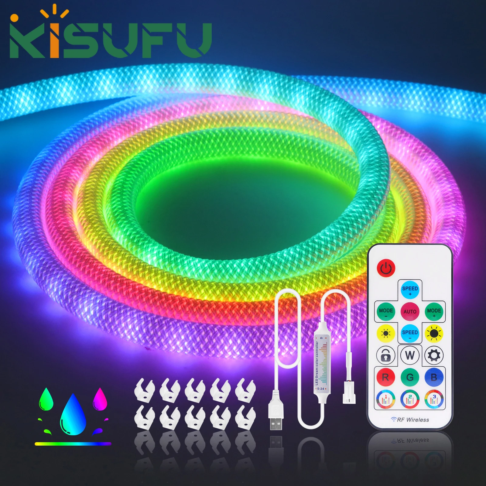 WS2812B LED Strip Neon Light 360 Degree Round Reticulate Pattern DC5V Smart RGBIC Pixel Addressable Flexible Tape 50 Leds/m IP67