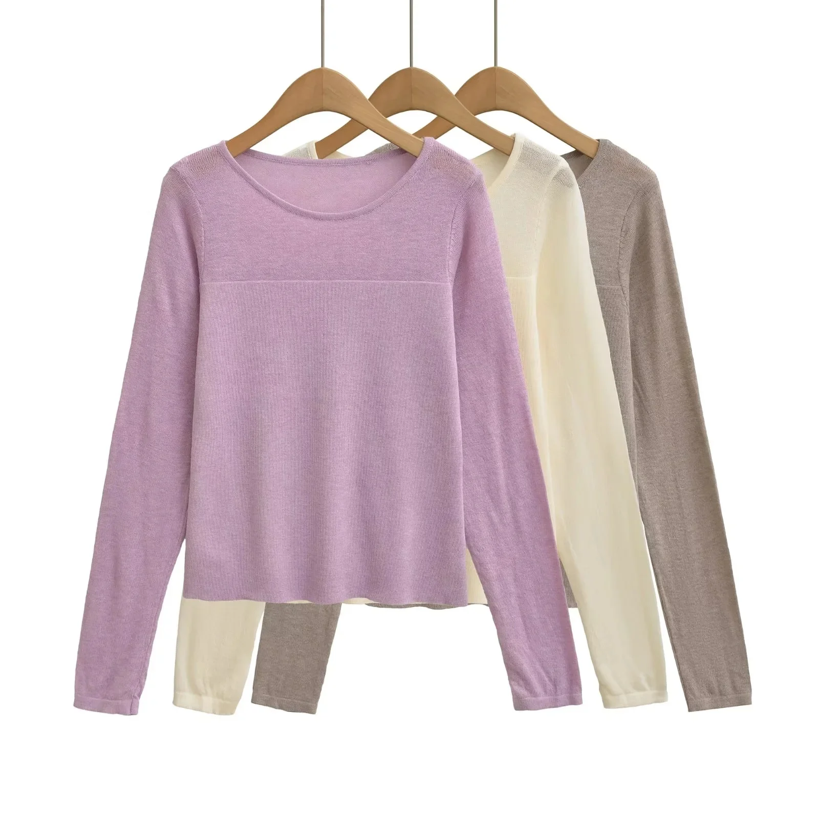

Korean Sle Basic Knitted Long Sve Thin Splice Women's T-irt Autumn Faion Underwear Girl's Top Slim Fit round Ne