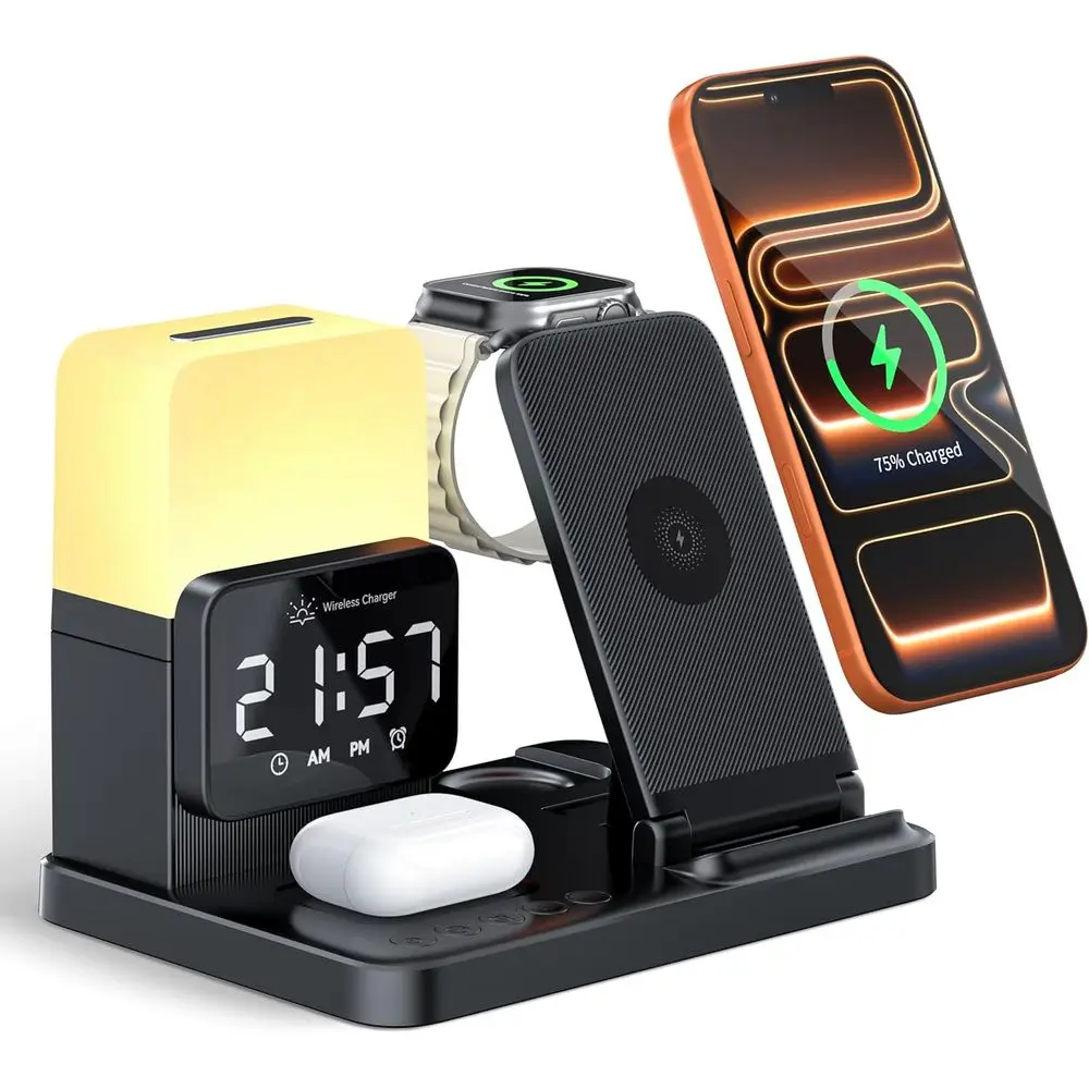 

Универсальная беспроводная зарядная док-станция для устройств Apple: iPhone 17-12, Pro Max, Watch, AirPods с ночником и будильником