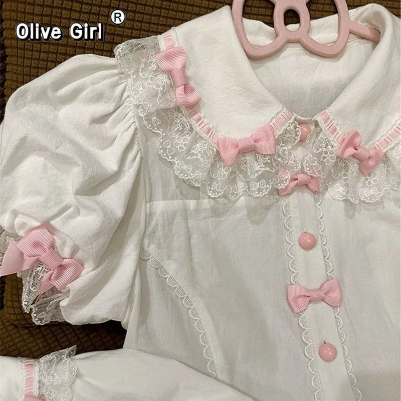 Olivegirl Blouse Shirt Women Girl's Top Lolita Cute Versatile Lolita with Stripes Strawberries Pink Bow Original Summer Shirt