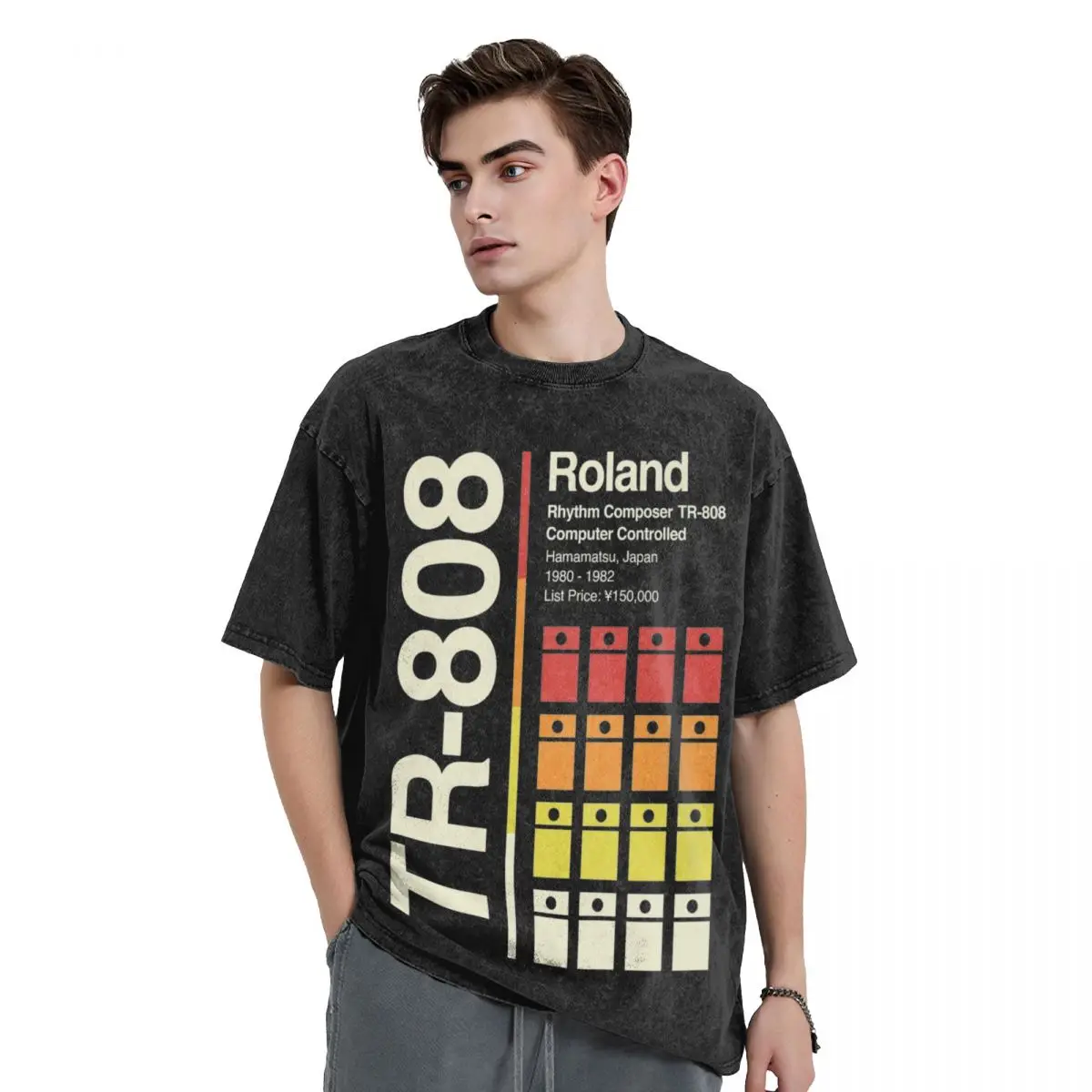 Washed T Shirt TR-808 Vertical Roland Hip Hop Casual T-Shirt Oversize Streetwear Short Sleeve Printed Tops Tee Shirt Men Women