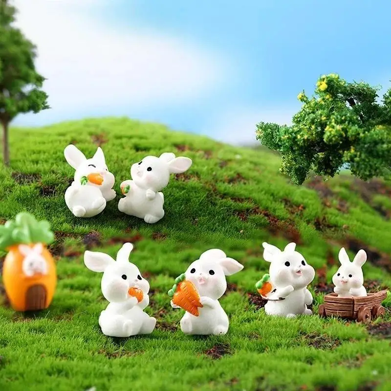 【CC】5Pcs Mini Rabbit Resin Figurine Cute Cartoon Animal Statue Tiny Landscape Ornament For Micro Garden Easter Decoration