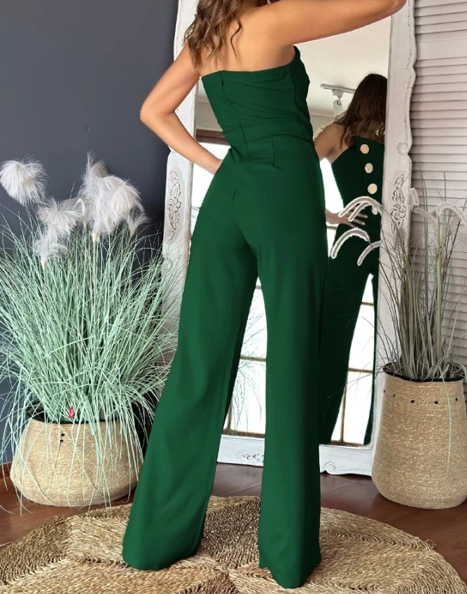 Jumpsuit Women Off Shoulder Asymmetrical Bandeau Strapless Metal Button Decor High Waist Wide Leg Casual One Pieces Overalls