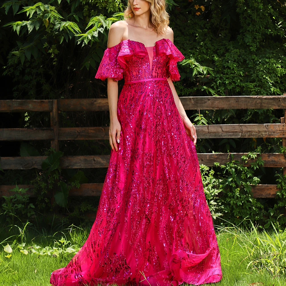 Hot Pink Evening Dress For Wedding Party Ruffled One Shoulder Beaded Sequins Prom Gown Celebrity Formal Wear Vestido Festa