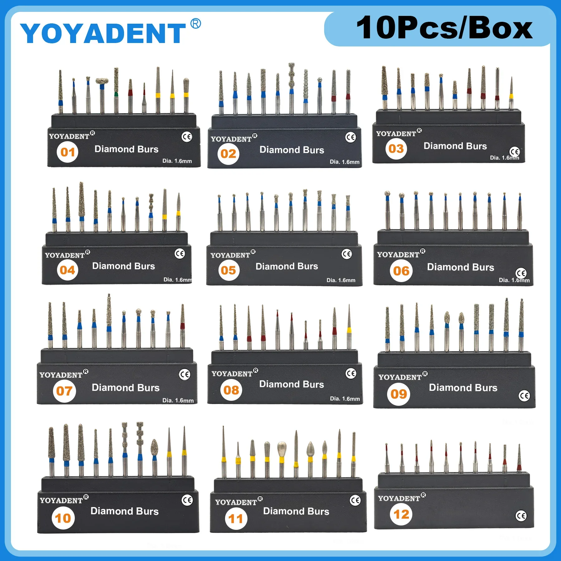 10pcs/Box Dental Diamond Burs Kit Dentistry Drills Dental Burs for High Speed Handpiece Dentist Tools FG Dia.1.6mm