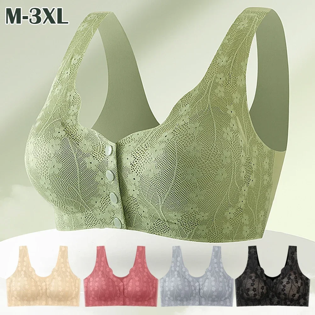 Middle-aged Elderly Mothers' Front Buckle Bra Lace Seamless And Breathable no Steel Ring Bra Ice Silk Sexy Gathering Underwear