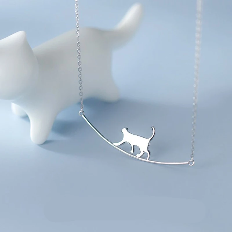 New Fashion Cat Curved Simple Personality 925 Sterling Silver Jewelry Cute Animal Walking Cat Clavicle Chain Choker Necklaces