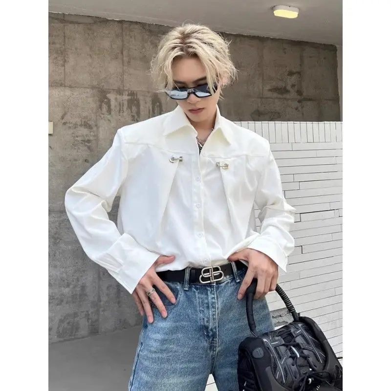 High-end Lapel Metal Button Shirt Men Y2k Niche Design Loose Casual Long Sleeves Solid Color Mens Shirts Light Luxury Streetwear