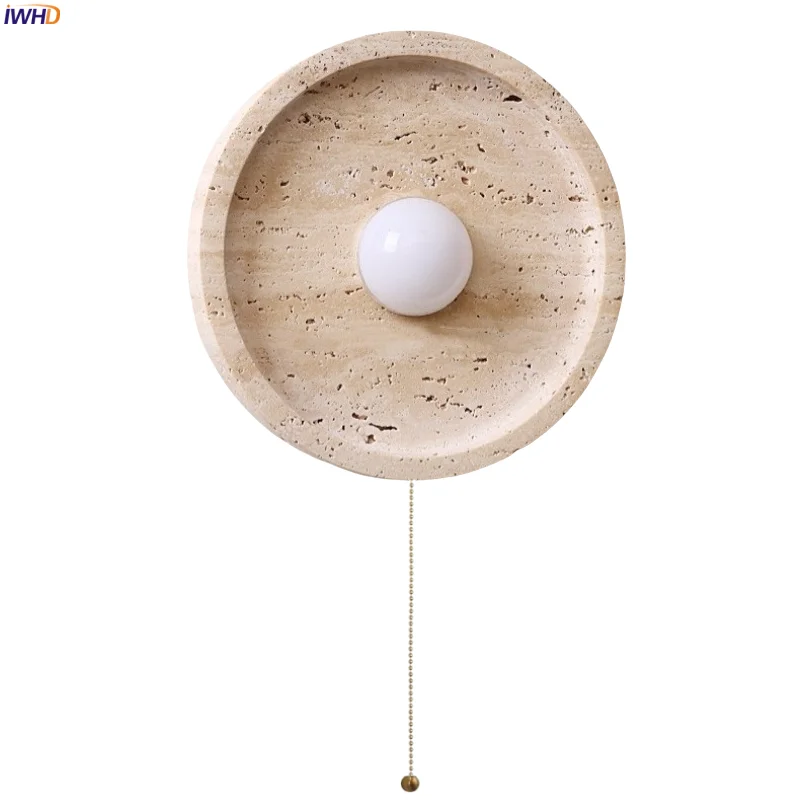 

IWHD Circular Disc LED Wall Lights Japan Vintage Living Room Decor Yellow Travertine Pull Chain Switch Bedside Lamps Arandela